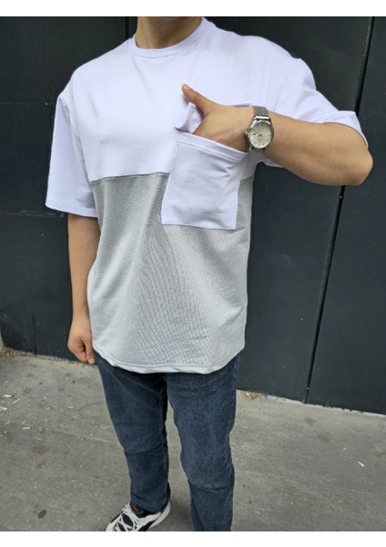 Unisex Torba Cep Detaylı Parçalı T-Shirt - Gri -Vlmr fırsatları