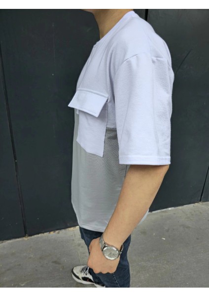 Unisex Torba Cep Detaylı Parçalı T-Shirt - Gri -Vlmr indirimleri