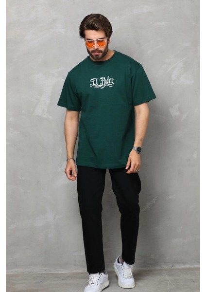 Unisex Bisiklet Yaka Baskılı Oversize T-Shirt - Yeşil -Vlmr