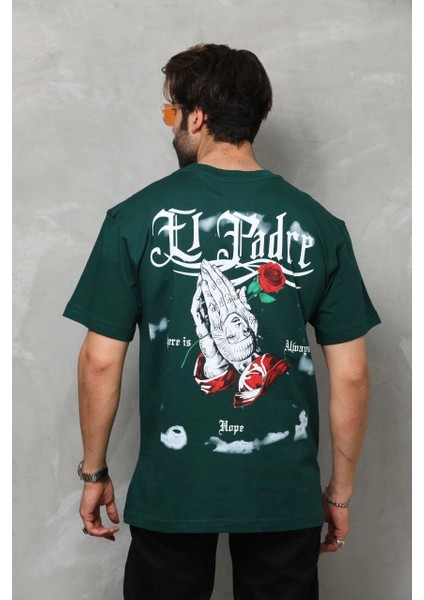 Unisex Bisiklet Yaka Baskılı Oversize T-Shirt - Yeşil -Vlmr modelleri