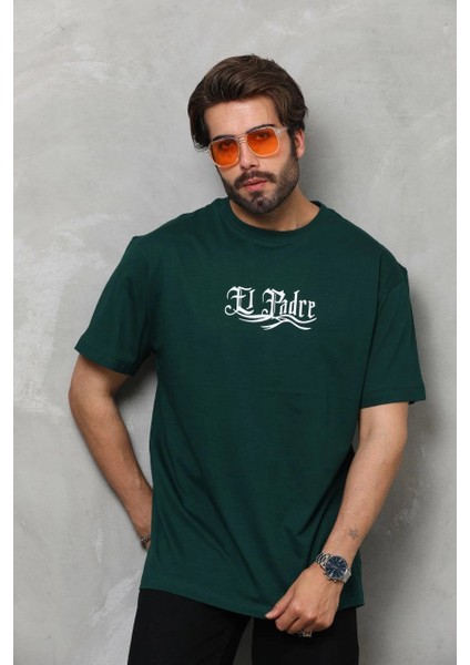 Unisex Bisiklet Yaka Baskılı Oversize T-Shirt - Yeşil -Vlmr indirimleri