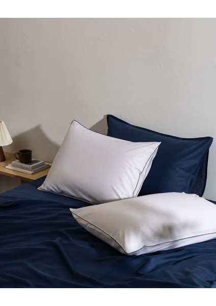 Aulne %100 Pamuk 2'li Yastık Kılıfı - Beyaz/lacivert