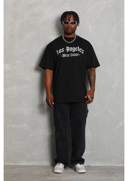 Unisex Oversize Baskılı Bisiklet Yaka T-Shirt - Siyah -Vlmr