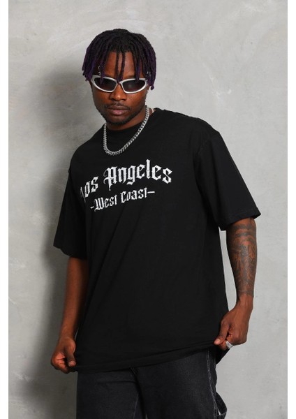 Unisex Oversize Baskılı Bisiklet Yaka T-Shirt - Siyah -Vlmr modelleri