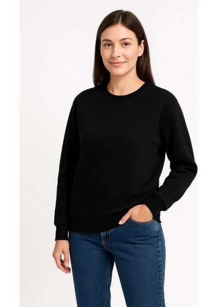 Kadın Üç Iplik Düz Bisiklet Yaka Sweatshirt - Siyah -Vlmr