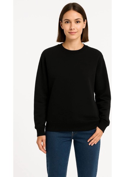 Kadın Üç Iplik Düz Bisiklet Yaka Sweatshirt - Siyah -Vlmr fırsatları