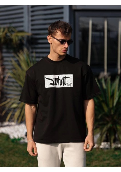 Unisex Bisiklet Yaka Baskılı Oversize T-Shirt - Siyah -Vlmr