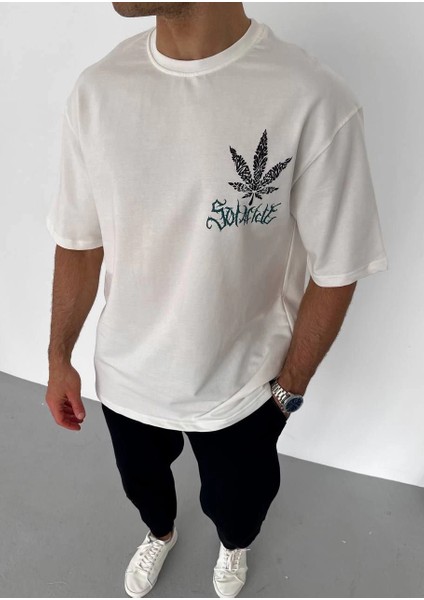 Unisex Bisiklet Yaka Baskılı Oversize T-Shirt - Beyaz -Vlmr