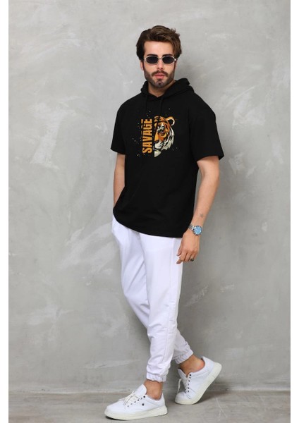 Unisex Kapşonlu Kısa Kol Oversize Baskılı T-Shirt - Siyah -Vlmr