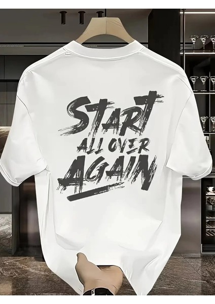 20/1 Penye Compack Start All Over Baskılı Oversize Bisiklet Yaka Kısa Kol Yazlık T-Shirt - Beyaz -Vlmr