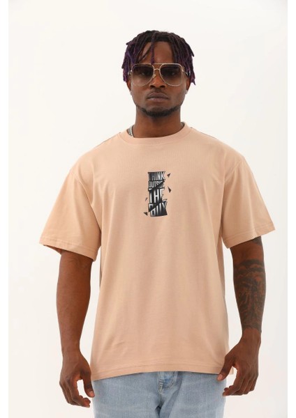 Unisex Oversize Baskılı Bisiklet Yaka T-Shirt - Bej -Vlmr fiyatları