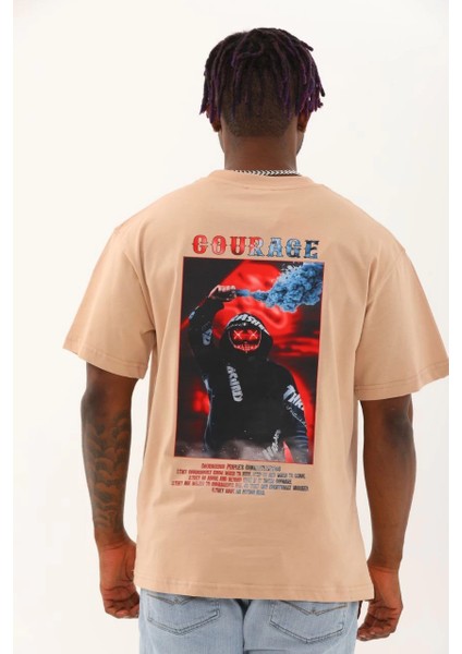 Unisex Oversize Baskılı Bisiklet Yaka T-Shirt - Bej -Vlmr fırsatları