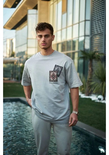 Unisex Bisiklet Yaka Baskılı Oversize T-Shirt - Boyalı Gri -Vlmr