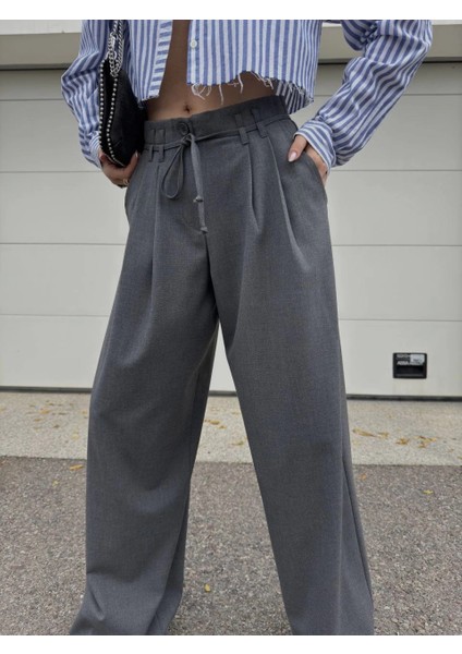 Bağcıklı Palazzo Bol Paça Pantolon - Gri -Vlmr indirimleri