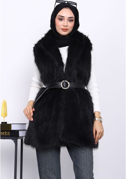 Siyah Bel Kemerli Çift Cepli Kürk Yelek