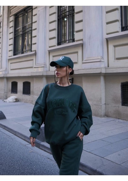 Bisiklet Yaka Nakış Işlemeli Üç Iplik Sweat Takım - Yeşil -Vlmr fırsatları