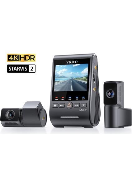 A329T 3 Kameralı Ön+Telefoto+Arka 4K+2K+2K Wi-Fi 6 HDR Sony STARVIS 2 Sensör GPS'li SSD Destekli Araç Kamerası