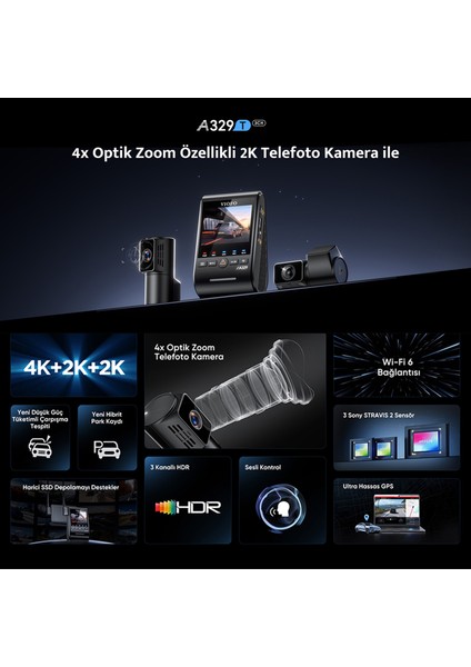A329T 3 Kameralı Ön+Telefoto+Arka 4K+2K+2K Wi-Fi 6 HDR Sony STARVIS 2 Sensör GPS'li SSD Destekli Araç Kamerası fiyatları