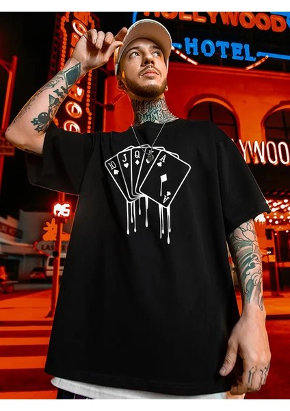 Erkek Büyük Beden Kart Baskılı Düz Renk Kısa Kollu Bisiklet Yaka Tişört Gündelik Giyim - Siyah -Vlmr