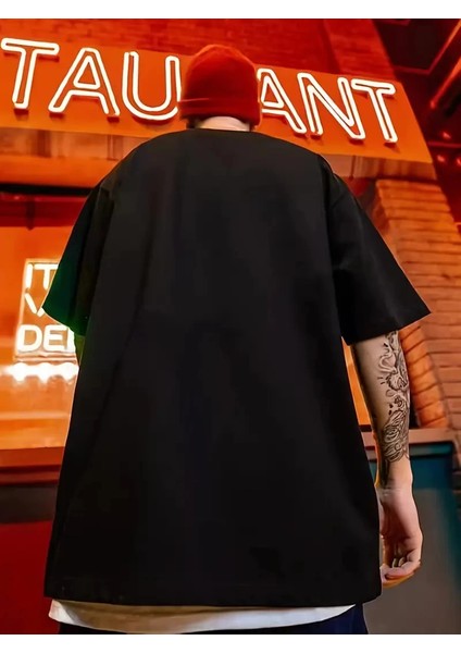 Erkek Büyük Beden Kart Baskılı Düz Renk Kısa Kollu Bisiklet Yaka Tişört Gündelik Giyim - Siyah -Vlmr fiyatları