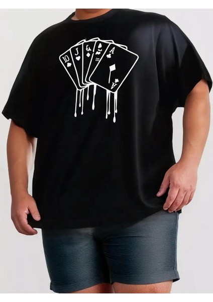 Erkek Büyük Beden Kart Baskılı Düz Renk Kısa Kollu Bisiklet Yaka Tişört Gündelik Giyim - Siyah -Vlmr modelleri