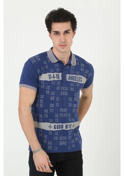 Erkek Yakalı Slim Fit Baskılı T-Shirt - Mavi -Vlmr