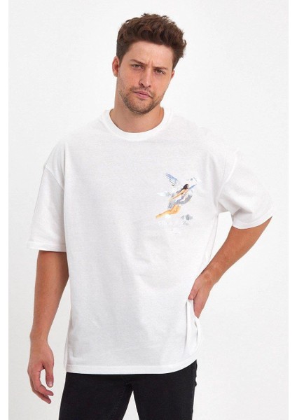 Erkek Melek Baskılı Oversize T-Shirt - Beyaz -Vlmr fiyatları