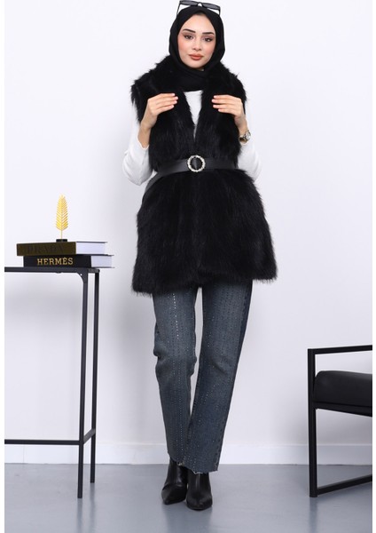 Siyah Bel Kemerli Çift Cepli Kürk Yelek fiyatları