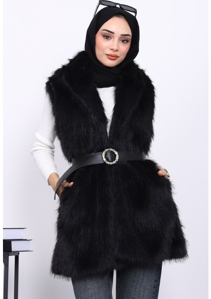 Siyah Bel Kemerli Çift Cepli Kürk Yelek modelleri