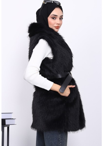 Siyah Bel Kemerli Çift Cepli Kürk Yelek fırsatları