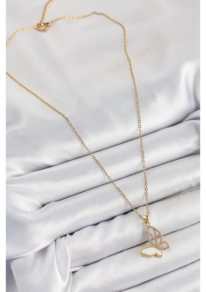 316L Çelik Zirkon Taşlı Kelebek Model Gold Renk Kadın Kolye