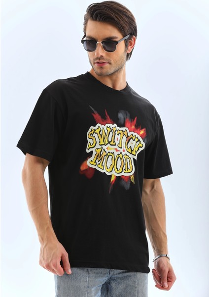 Unisex Oversize Baskılı Bisiklet Yaka T-Shirt - Siyah -Vlmr