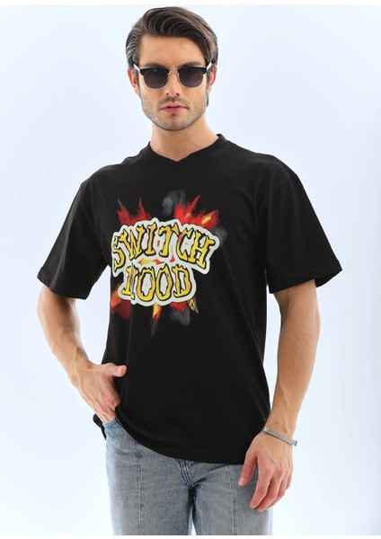 Unisex Oversize Baskılı Bisiklet Yaka T-Shirt - Siyah -Vlmr indirimleri