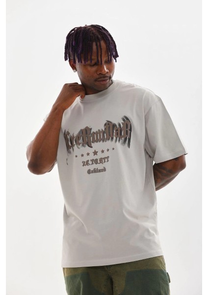 Unisex Baskılı Oversize T-Shirt - Gri -Vlmr