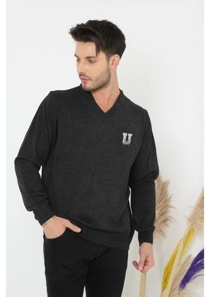 Baskılı V Yaka Uzun Kol Dokuma Triko - Füme -Vlmr