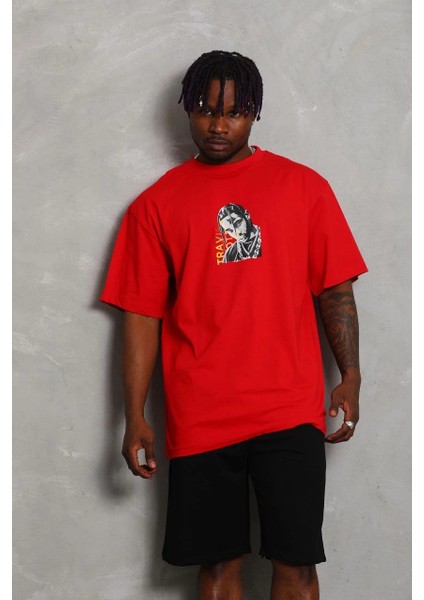 Unisex Oversize Baskılı Bisiklet Yaka T-Shirt - Kırmızı -Vlmr fiyatları