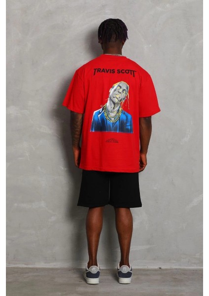 Unisex Oversize Baskılı Bisiklet Yaka T-Shirt - Kırmızı -Vlmr fırsatları