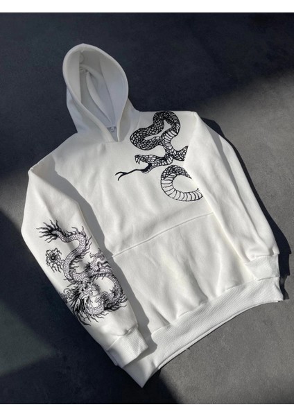 Uzun Kol Kapüşonlu Baskılı Sweatshirt - Beyaz -Vlmr modelleri