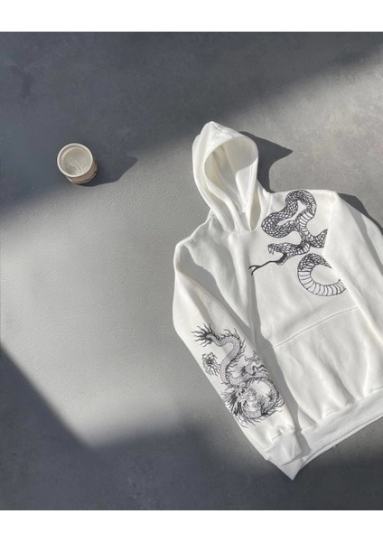 Uzun Kol Kapüşonlu Baskılı Sweatshirt - Beyaz -Vlmr fırsatları