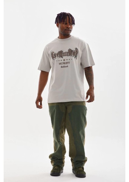 Unisex Baskılı Oversize T-Shirt - Gri -Vlmr fırsatları