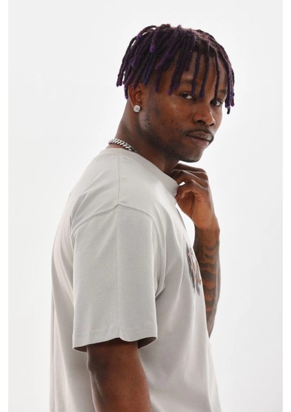 Unisex Baskılı Oversize T-Shirt - Gri -Vlmr indirimleri