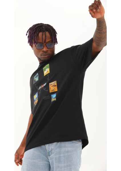 Unisex Oversize Baskılı Bisiklet Yaka T-Shirt - Siyah -Vlmr