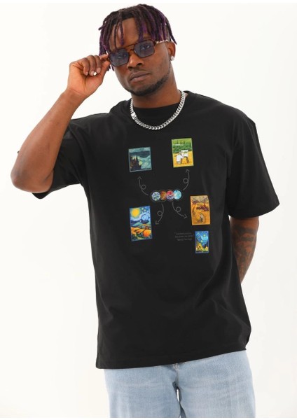 Unisex Oversize Baskılı Bisiklet Yaka T-Shirt - Siyah -Vlmr fiyatları