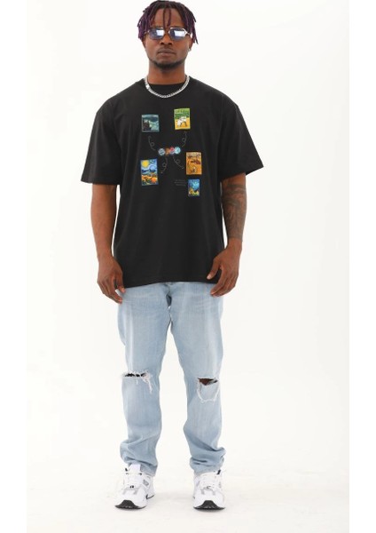 Unisex Oversize Baskılı Bisiklet Yaka T-Shirt - Siyah -Vlmr fırsatları