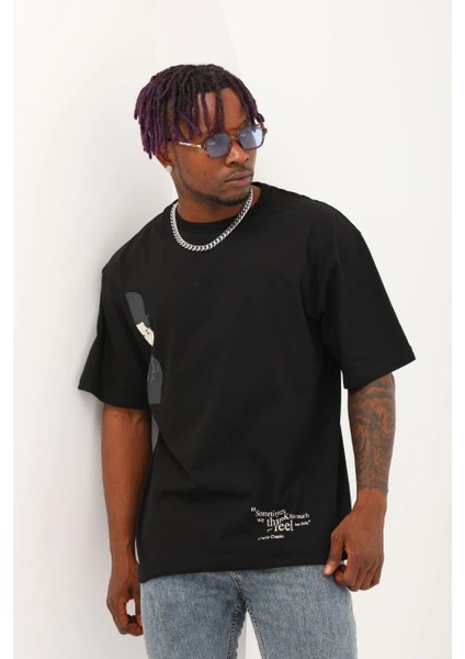 Unisex Oversize Baskılı Bisiklet Yaka T-Shirt - Siyah -Vlmr fiyatları