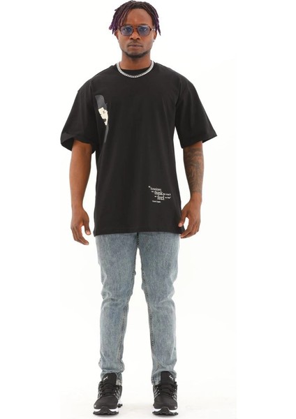 Unisex Oversize Baskılı Bisiklet Yaka T-Shirt - Siyah -Vlmr fırsatları