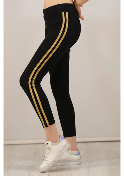 Kadın Yanı Sarı Şeritli Tayt - Siyah -Vlmr