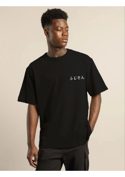 Unisex Bisiklet Yaka Baskılı Oversize T-Shirt - Siyah -Vlmr