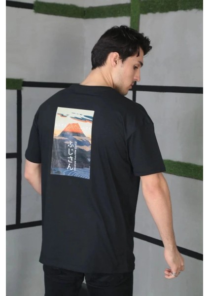 Unisex Bisiklet Yaka Baskılı Oversize T-Shirt - Siyah -Vlmr modelleri