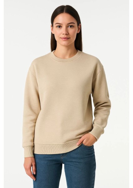 Kadın Üç Iplik Düz Bisiklet Yaka Sweatshirt - Bej -Vlmr fiyatları